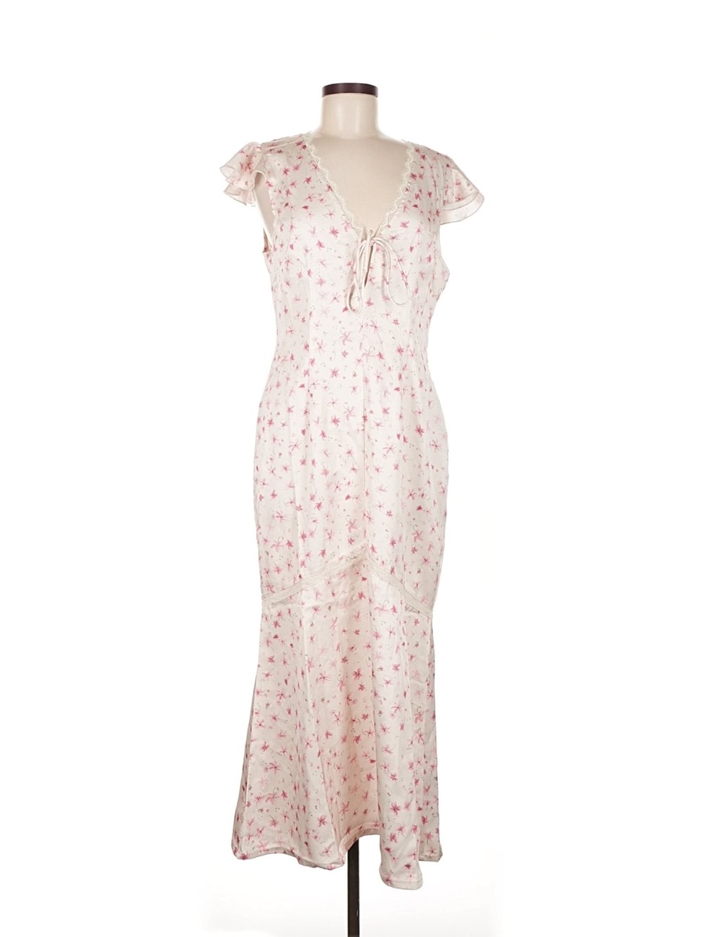 Women's Cream Midi Dress with Pink Floral Print